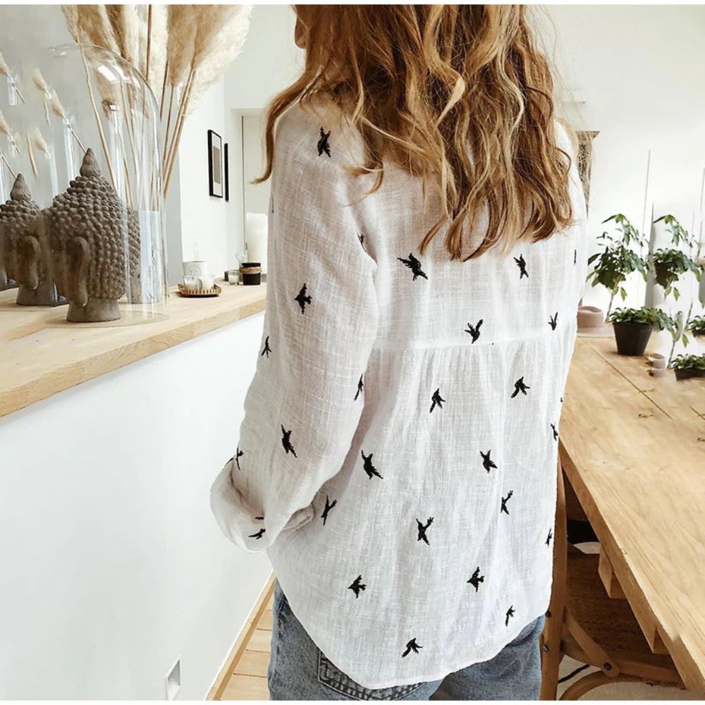 White Ruffle Bird Print Long Sleeve Shirt - Picture 8 of 10